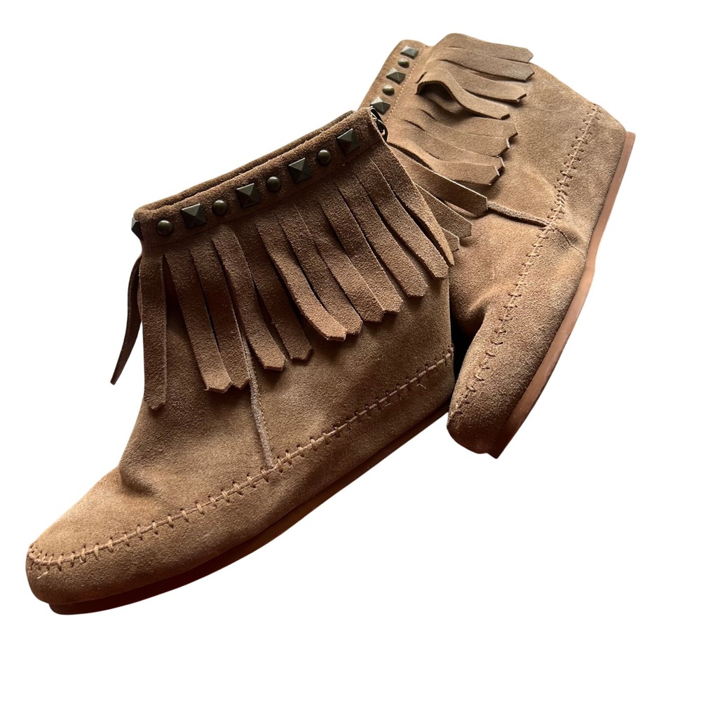 Tan Suede Fringe Studded Wedge Ankle Boots Moccasin Style Brown Womens